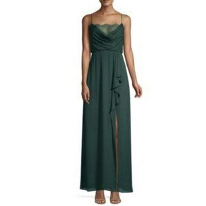 BCBGMAXAZRIA Draped Ruffle Slit Gown Emerald Green Size 4 NWOT